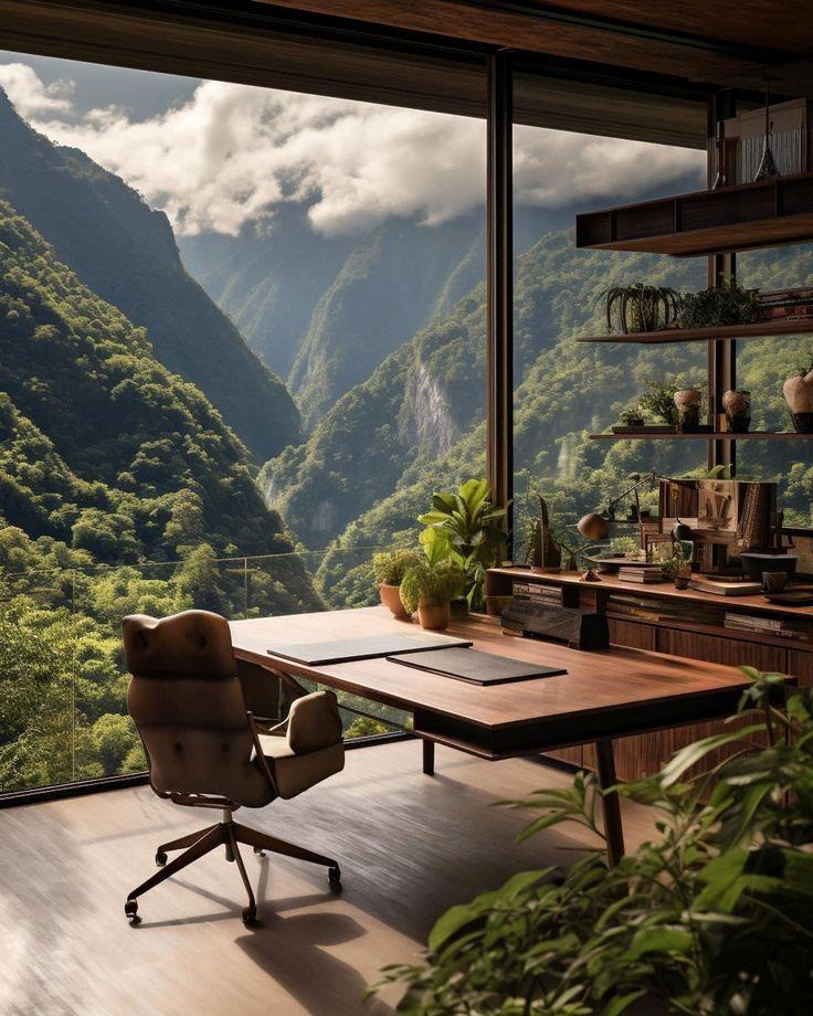 โต๊ะทำงาน มีวิวเป็นป่าไม้ดูเขียวชอุ่ม